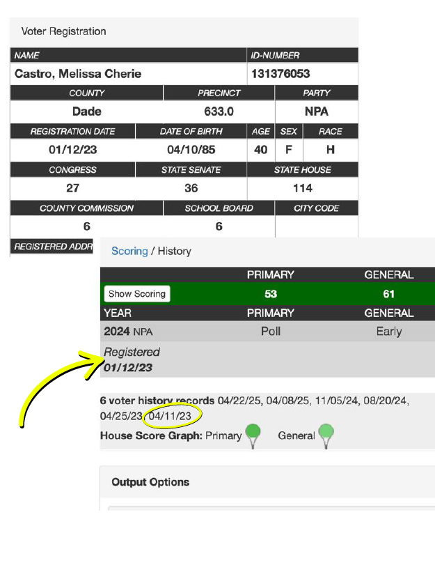 Voter registration record for Melissa Cherie Castro showing registration date of 01/12/23