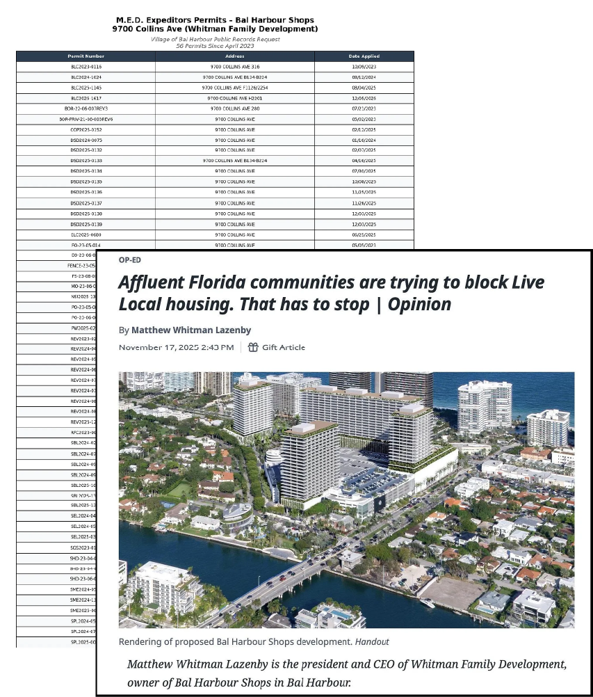 MED Expeditors permit log for Bal Harbour Shops and Matthew Whitman Lazenby op-ed in the Miami Herald