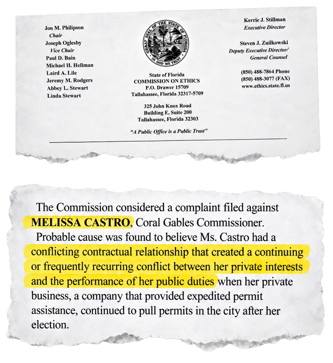 Florida Commission on Ethics press release finding probable cause against Commissioner Melissa Castro for a conflicting contractual relationship